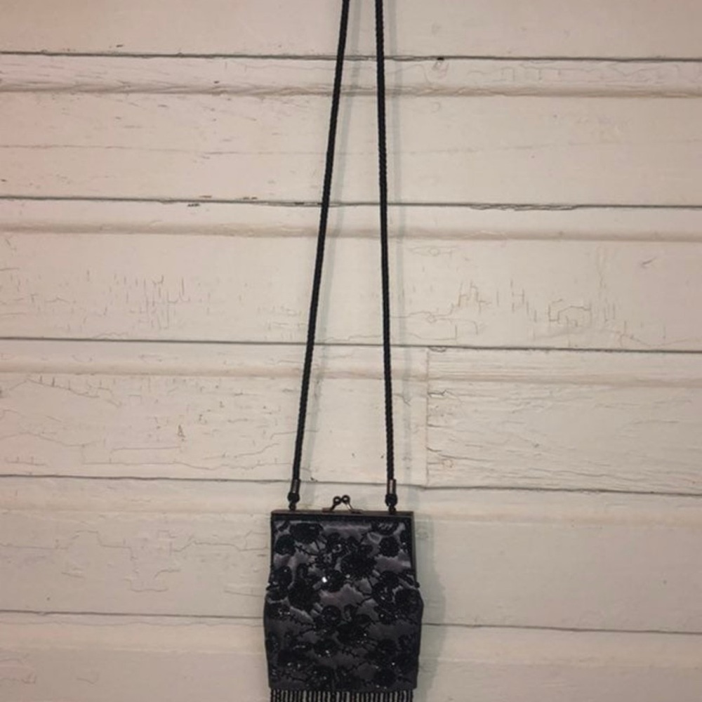 Lancome Black Beaded  (vintage -Gatsby style) Halloween Clutch Gatsby Party